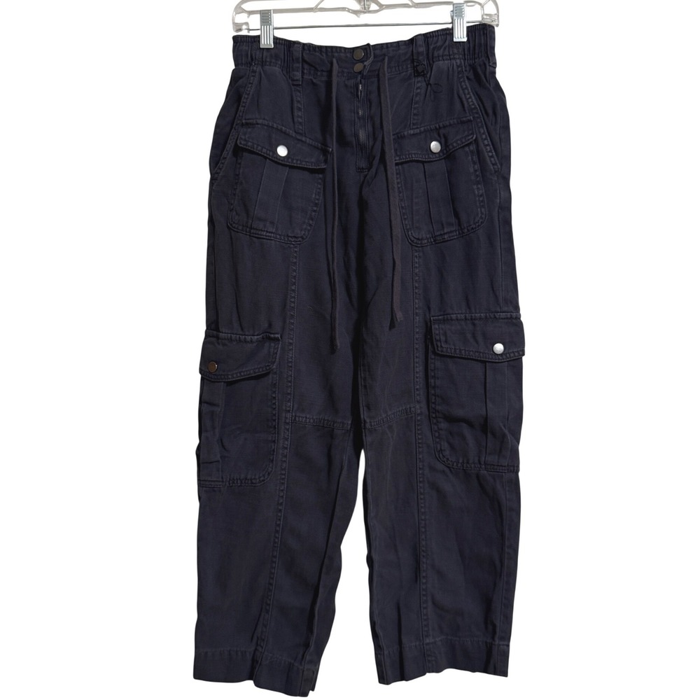 Zara Womens High‎ Waisted Cargo Pants Black Elastic Waist Utility Pockets S